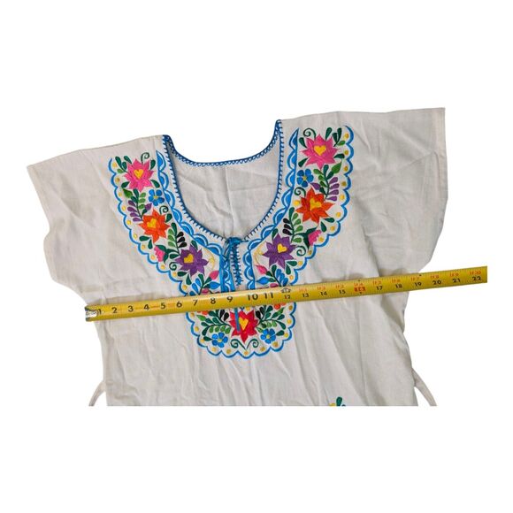 Vintage Mexican Embroidered Huipil Dress M White Multicolor Floral Tie Waist - Picture 5 of 8